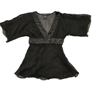Rampage Sz S‎ Sheer Sequin Beaded Y2K Whimsigoth Flowy Babydoll Tie Back Blouse